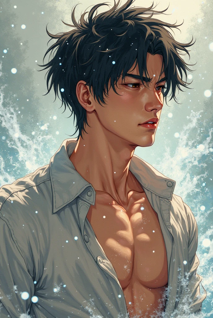 (masterpiece, 8k, Absurd, Digital Art, Digital Illustration, Realistic, Very detailed, Realistic lighting), (Perfect Face, Perfect Eyes, Perfect body), male,1 person, male的な, Adult,good looking, Sharp features,gentleman、Wet man standing on the beach、Messy, slightly long blue hair、sexy、Enchanting