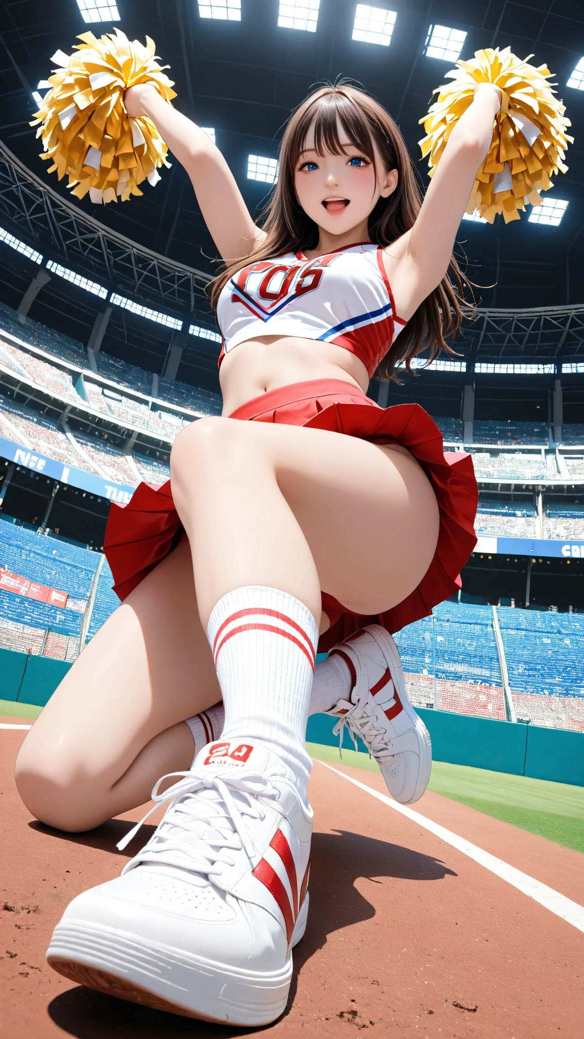 Pubic hair grows、Smile full of happiness、((:1.3))、、、Panting face、Lacking、After being attacked、Sweating、Expression in a state of excitement、short-hair、eye glass、((:1.1))、Pink panties seem to flicker、((1 beautiful girl)), extremely detailed CG unified 8k wallpaper, Highly detailed, RAW color photo, Professional Photography, Realistic, top-quality、hight resolution、ultra-detailliert、masterpiece、Raw photography、realisitic、Photorealsitic、extremely delicate and beautiful、finely detail、Textured skin、full-shot、(Sky from below)、1womanl、japanes、22year old、(Professional Baseball Team Cheerleading)、(Cheering seats in the stadium)、(beauitful face:1.5)、(Showing white panties:1.2)、(Highkick:1.5)、itting open legs、Open your crotch、(Pubic hair sticking out of panties)、Cheering uniform、(a miniskirt:1.5)、tall、Brown hair、Wearing makeup、(Bare legs:1.5)、Do not wear anything on your arm、perfectly proportions、(At SFW)