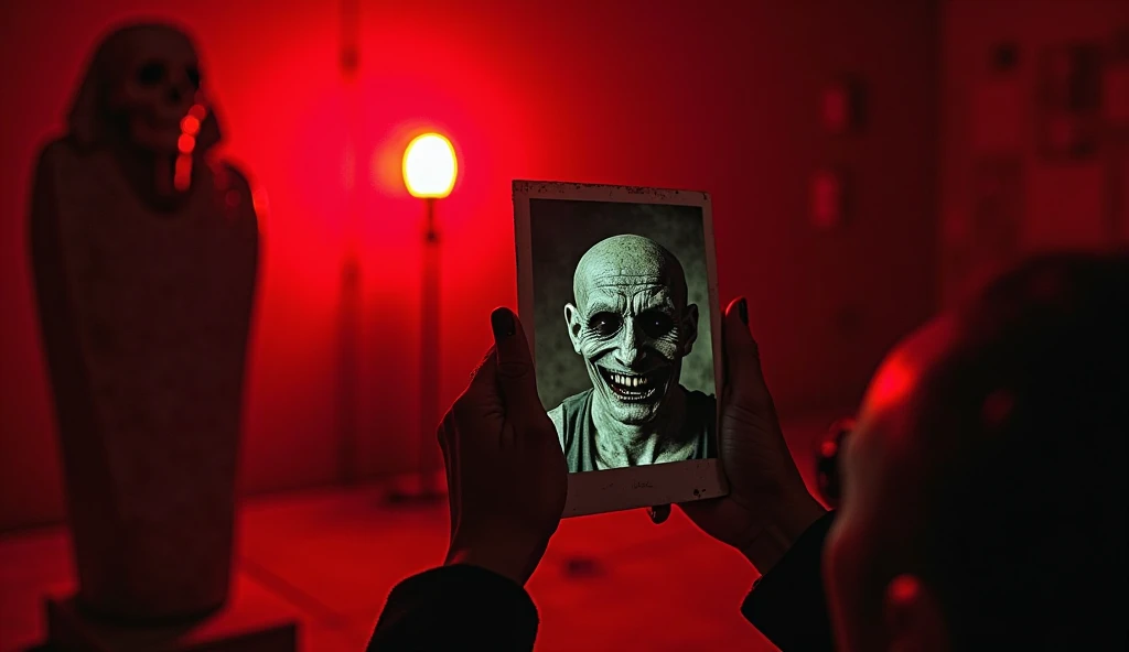 One person watching himself in a mirror, mimic Zombie image in mirror reflection, half face the zombie reflection still looks like human