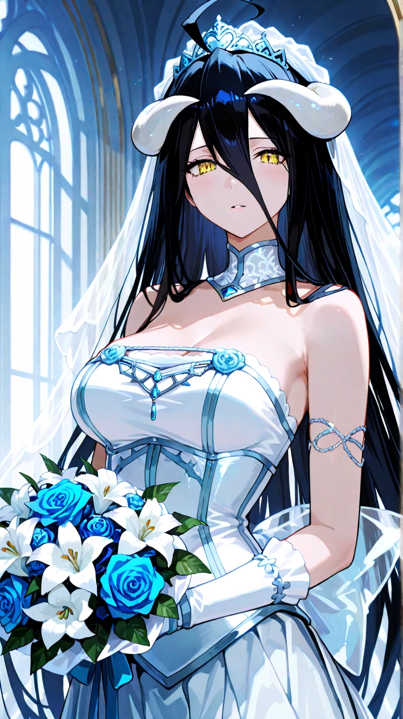 "(optimum,wedding gown,holding flower bouquet,one-girl,chies)tmasterpiece,high qulity,A high resolution,New World No. 1,Headphones around your neck,wedding gown,Bridal veil,whitegloves,Cowboy close-up,standing on your feet,ssmile"