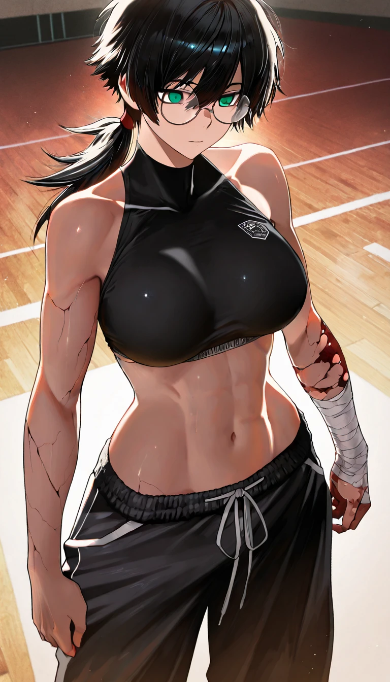iris midgar, red hair, long hair, braid, red eyes, anatomically correct, heavy breathing, mature female, 1girl, abs, solo, breasts, hat, muscle, muscular_female, phone, cellphone, smile, large_breasts, underboob, cropped_legs, baseball_cap, jogger pants, navel, cleavage_cutout, pubic hair peek, "glow effects, godrays, Hand drawn, render, 8k, octane render, cinema 4d, blender, dark, atmospheric 4k ultra detailed, cinematic, Sharp focus, big depth of field, Masterpiece, colors, 3d octane render, 4k, concept art, trending on artstation, hyperrealistic, Vivid colors, extremely detailed CG unity 8k wallpaper, trending on CGSociety, Intricate, High Detail, dramatic", sweating, steaming body, fog, (shaded face:1.2), hollow eyes, red eyes, looking at viewer, (heavy breathing:1.2), smirk, upper teeth, lips, glowing eyes, nsfw
