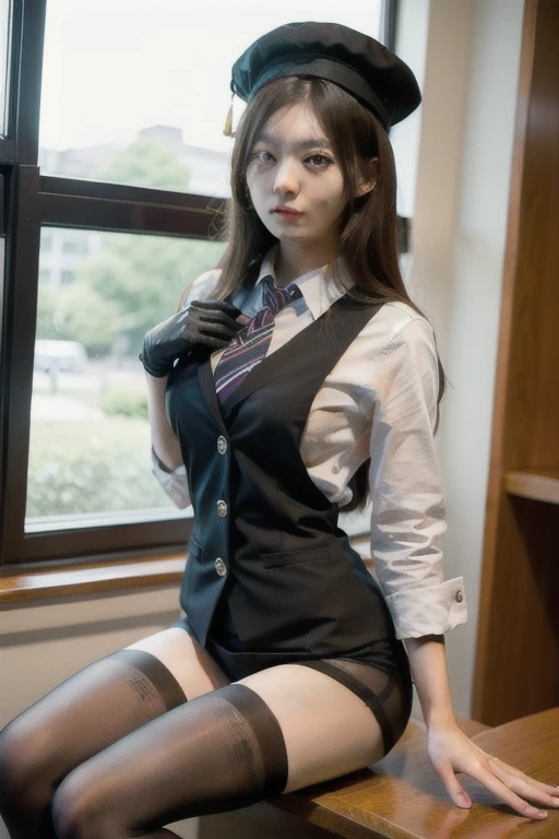 Best Quority, Full body like，Refined face，pretty  face，25 years old woman，slimfigure，Smaller bust，office lady uniform，Office wear，black lence stockings，Outdoor Scene，Sit Pose，wears glasses，One Man