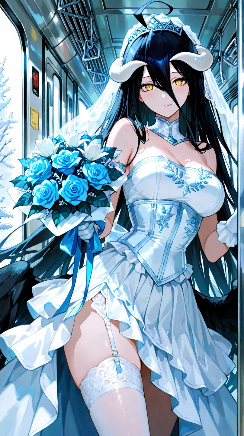 (((masterpiece))),(((best quality))), (((beautifully painted))),(((highly detailed))),1girl, flower, high_heels, black_hair, sitting, white_rose, white_flower, white_footwear, white_dress, long_hair, solo, lace, dress, lace_trim, vase, rose, wooden_floor, gloves, lace-trimmed_legwear, atago_\(azur_lane\), elbow_gloves, thighhighs, indoors, white_gloves, wedding_dress