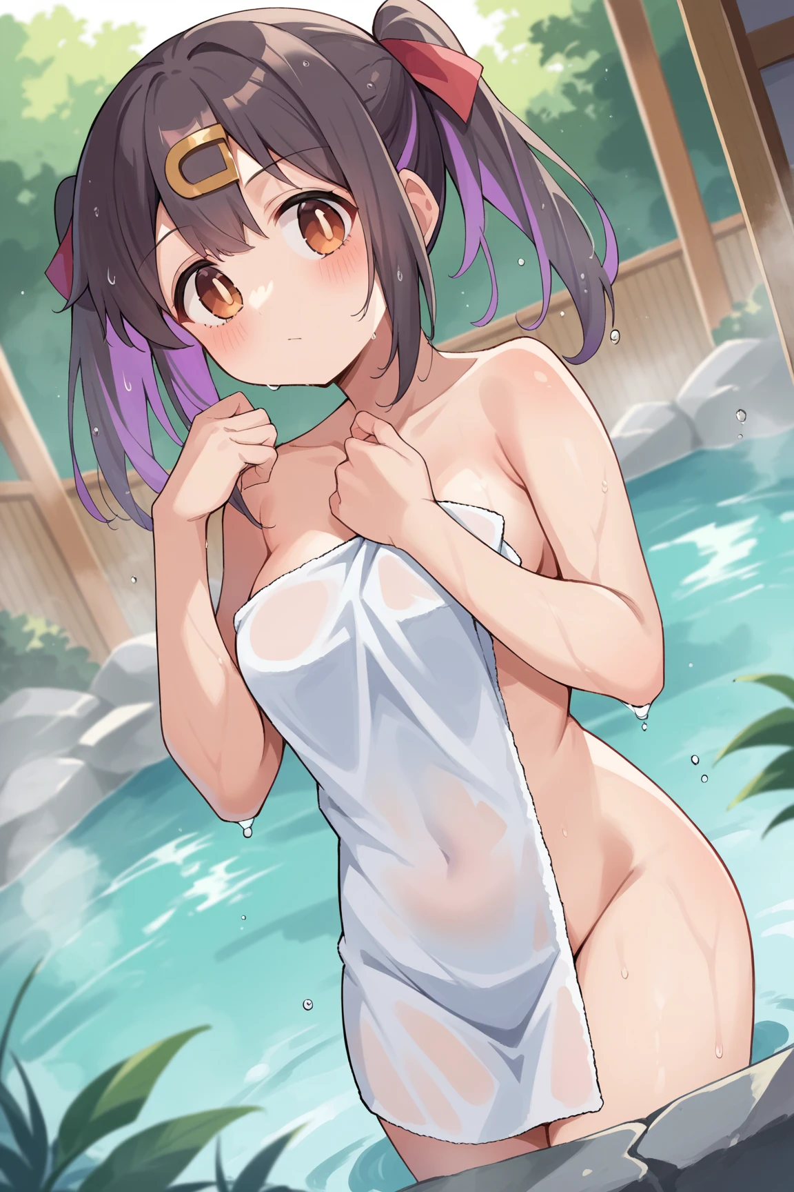 1 girl, ((young girl ,short stature,gyaru)) ,flat chest,flushed, flushing,black hair, ponytail, blonde ,,nsfw,heavyset,poolside, bikini,stand,cowboy shot,used condom,cum in body, nipples, pussy, (musouzuki)