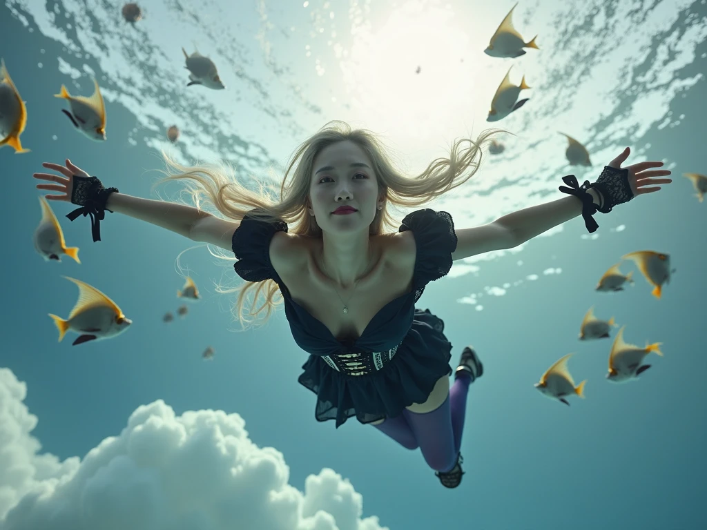 Best quality,tmasterpiece,Partial underwater photography,Reflectors,Blonde 1.3 ,Messy hair floating,Diving goggles,slimfigure,Yellow-green Han costume,light yarn,long leges