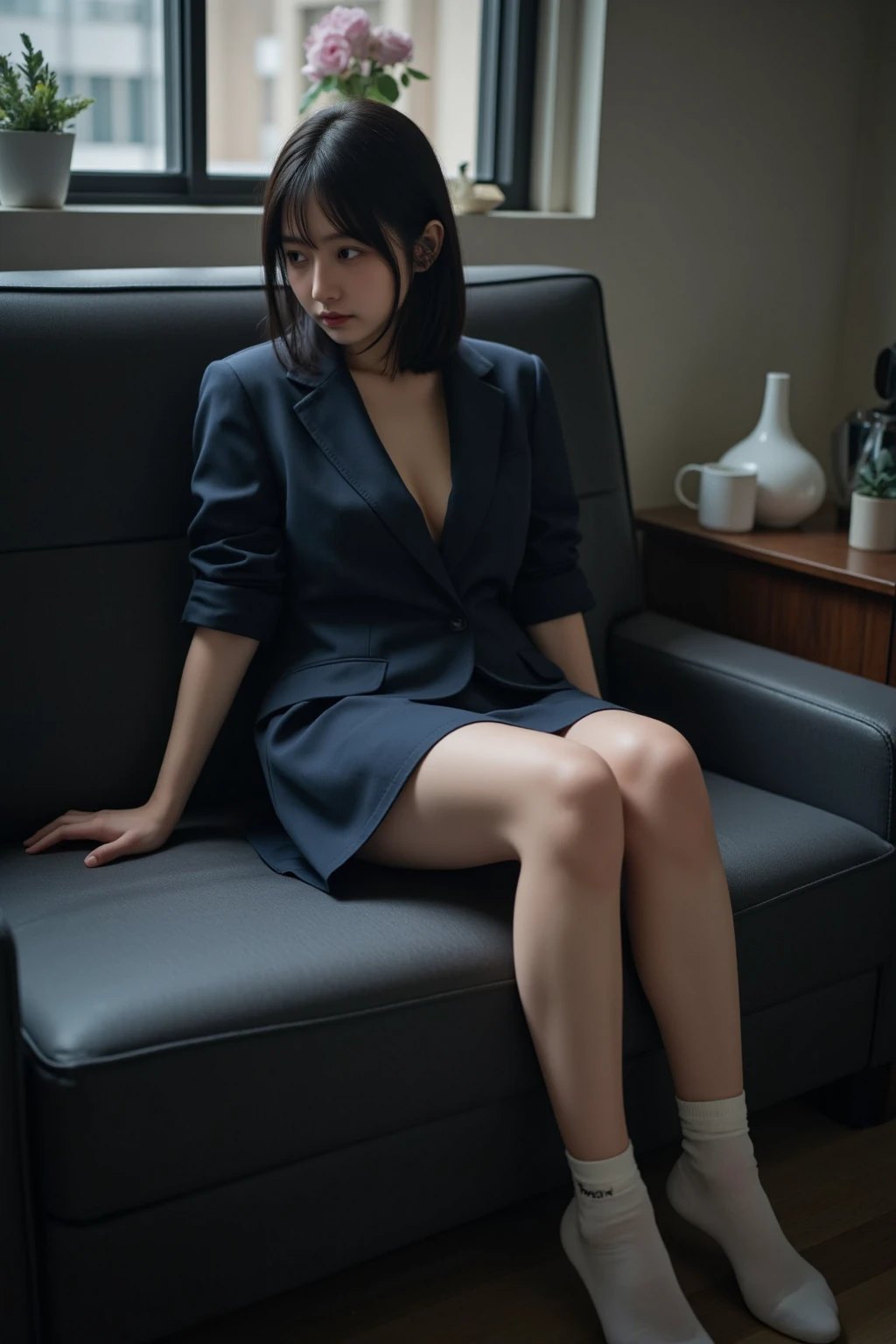 Beautiful woman, 25 years old, high ponytail, bright purple hair (like bright silver), perfect purple hair, Beautiful breasts, (Realistic skin),elegant upper class wearing a black pantsuit, black jacket, white shirt, cleavage visible, black pumps, and a business shirt. Elite secretary, working in the office, wearing a strict business suit, pantsuit style, wearing luxury high heels, girl wearing a shirt, wearing a business suit, wearing a business suit, black nail art, business Wearing a suit, Businessman, Business clothes, Wearing a black business suit, Wearing a white shirt and black jacket, Woman in a business suit, Business suit, Business attire, Raw photo, (8K, highest quality, Masterpiece: 1.2), (Complex Detail: 1.4), (Photoreal: 1.4), Octane Rendering, Complex 3D Rendering Super Detail, Studio Soft Light, Rim Light, Vibrant Detail, Super Detail, Realistic Skin texture, surface details, beautifully detailed eyes, highly detailed CG Unity 16k wallpaper, supplement, (detailed background:1.2),pony tail