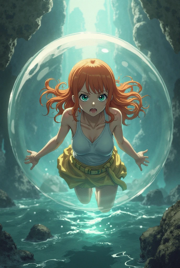 8K, Eiichiro Oda, Nami\(One Piece\), 1 girl, full body, barefoot, bikini, standing, tall, model figure, official art, space background, seductive and sexy, shaping limbs