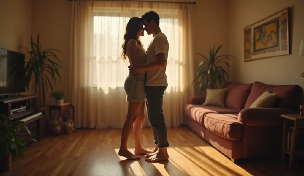 A boy and a girl in a room closely laying on eachother seminude and window in that a beautiful scenery