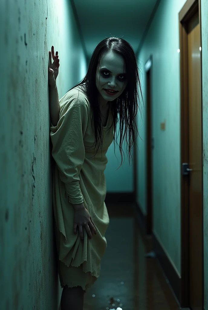 Caught photo (movement shakiness from the head, wide angle, taken from phone) of a 25 year old female getting possessed. Levitating off the ground, having a head seizure , pupils and iris are gone, shaking movement, foaming from the mouth, lights from the ceiling breaking intensely around. Creepy, horror. Realistic, insane, realism, micro realistic