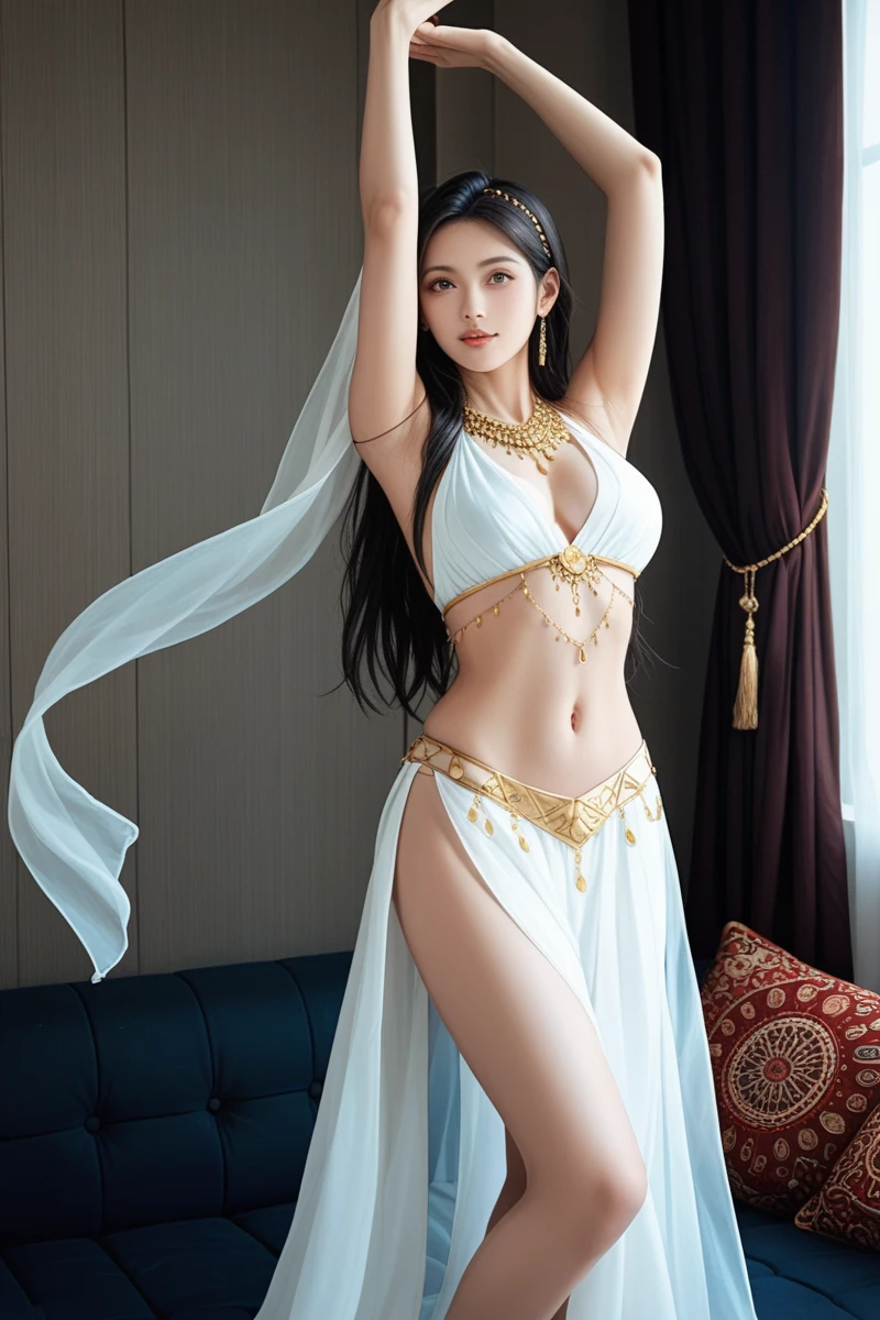 Best Quality, Ultra High Resolution, Masterpiece, Photo Realistic: 1.8), Pore, Precision, Palace, Ruins, Arabian Nights, Dancer, Belly Dance, See-through, Pale Light, Young Woman, Birth of Venus, Naked, Small Medium Breasts, Symbol as a Woman, Have Pubic Hair, Detailed Description, 23 Years Old, Smile, Cute,