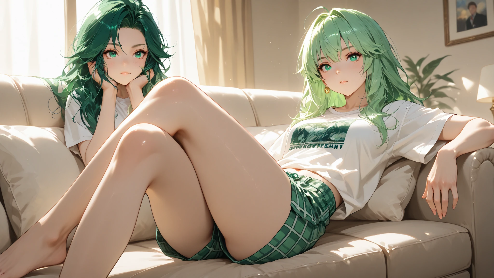 female character. anime style. my hero academia. wide shot. back pose. whole body. attractive. Light skinned girl, long green hair. Coffee brown eyes. under eye liner. white shirt open buttons. red panties. barefoot. whole body.placing his hand on the bed. Background Sitting on the edge of a bed in an elegant white room