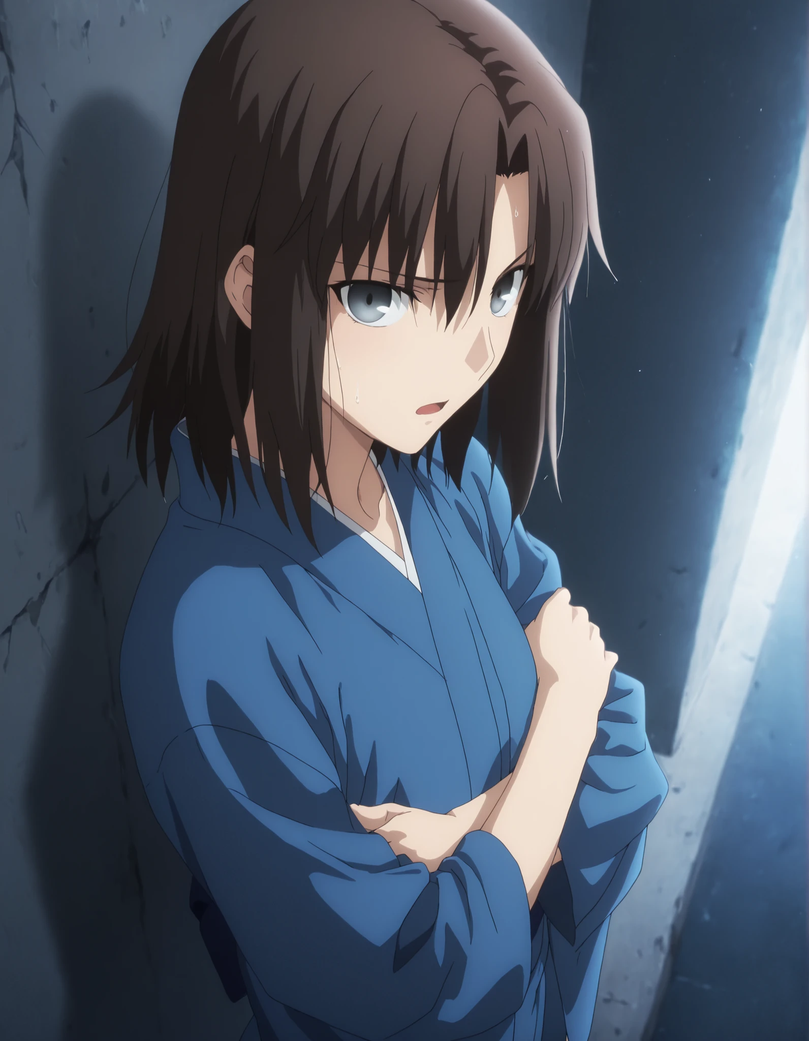 masterpiece, best quality, amazing quality, highres, absurdres, very aesthetic, high resolution, ultra detailed, perfect details, solo, midnight, indoors, (), , (, ), backlight, from side, from above, close up,
 
1girl, ufotable style, anime style, TYPE-MOON / Kara no Kyoukai, (anime coloring), (anime screencap) , ,(standing, on wall, ),(nervous, upturned eyes, light open mouth, ), BREAK  
   
girl, mature, slim body, slender body, ,Ryougi Shiki , aged up , dark brown hair,medium hair,grey eyes,
(crossed arms ,), blue kimono ,long sleeves, long kimono, bare thigh, (small breasts), flat chest, ((looking at viewer)), expressionless, ,