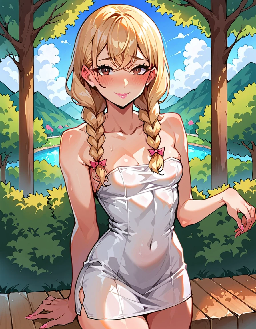 score_9, score_8_up, score_7_up, 1girl, cartoon, blonde hair, bobbed hair, blue eyes, innocent, cute, fantasy white dress, flat chest, cleavage, nipple bulge