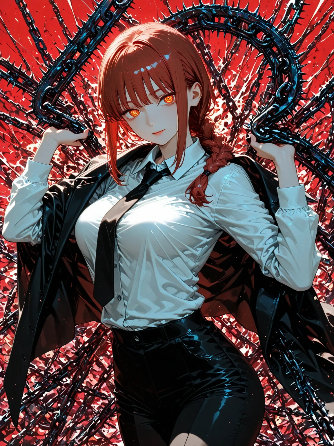 (makima:0.6),(csm_style),(chainsaw_man_style), synthwave background, high-quality, 1girl,, red hair, city background, messy room, she's playing video game, extremely detailed, closeup,