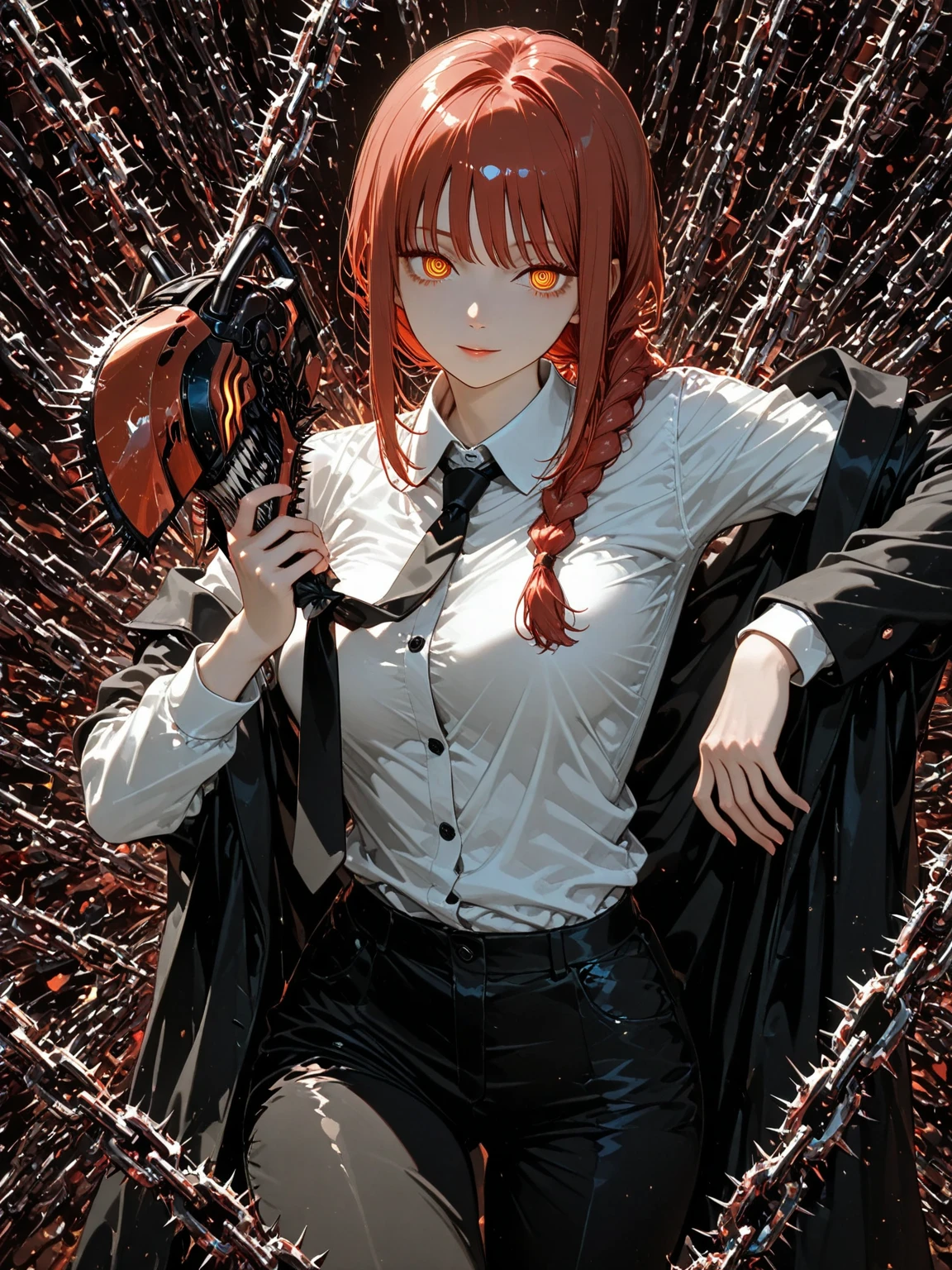 (masterpiece), (best quality),makima \(chainsaw man\), best quality, ultra detailed, 1girl, solo, standing, red hair, long braided hair, golden eyes, bangs, medium breasts, white shirt, tie, stare , smile, (bad:1.2), looking at the viewer, (interview:1.3), (dark background, chains:1.3) ar16.9