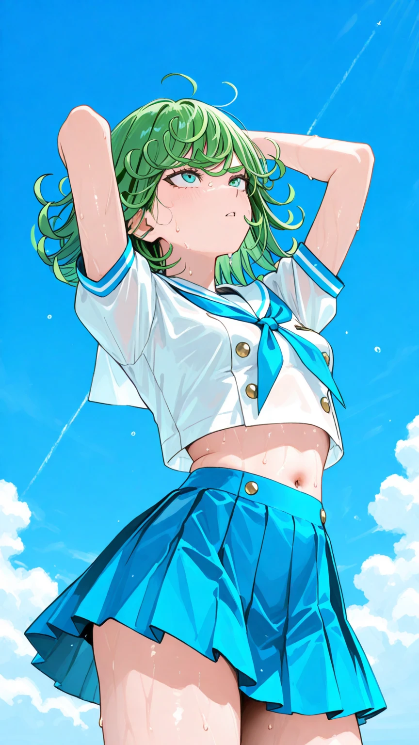 green hair,green eyes,please open your eyes wide、beautiful illustrations、highest quality、ultra high resolution、Professional specifications、open your mouth、tears in my eyes、(collar),(lead)、elementary school girl、((Navel skirt))、Transparent、(((hold the pussy with both hands)))、frilly clothes、10 years old、lolicon、((Spread your legs and float in the air))、shining outline、(((Please lift up your skirt and show me your white panties.)))、panties with pink ribbon、Emphasize the pussy line、put both hands on hips