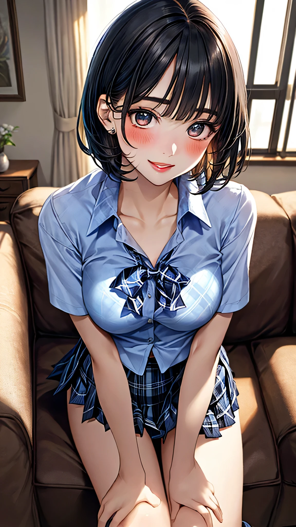 (best quality, 8k, highres, photorealistic:2.0), (solo, one girl:2.0),(lighting: strong),(lighting: front),(big smile girl:1.2),(very muscular girl:2.0),(bodybuilder girl:1.5),(shiny skin:1.5),(brown hair color:1.5),(Open your bent legs to the limit:1.5),(raise both arms behind your head:1.5),(black loafers:1.5),(white collar shirt),(long sleeve shirt:1.3),(tight shirt:1.7),(unbutton one's shirt),(short socks),(white socks:1.1),((blue pleated skirt)),((blue skirt)),((Wearing cute white panties)),(orgasm),((Girl leaning on an old leather sofa)), very beautiful girl, Blush brown makeup , dark eye makeup ,(The shape of erect nipples appears on the surface of the shirt:1.0),(small breasts:1.2),erect nipples