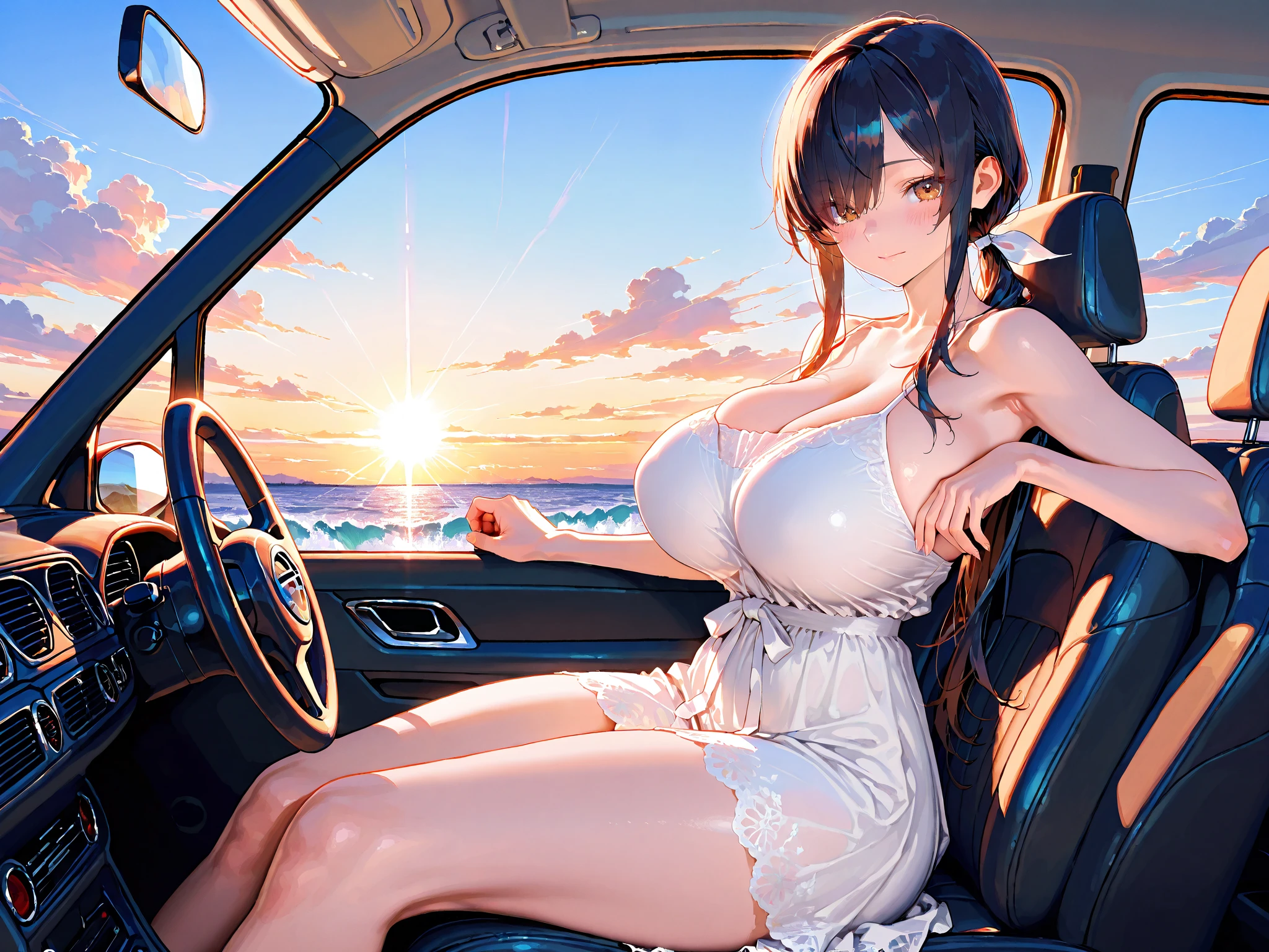 (masterpiece),(Best Quality:1.0), (Ultra High Definition:1.0), Details, 1 young girl, Blue sundress, Golden Hour, Detailed beautiful skin, (sitting in the passenger seat of the car), Detailed eyes, legs open, sexy, damp crotch, embarrassing, skirt lift, showing panties, seduction,asleep, deep sleep,both eyes closed