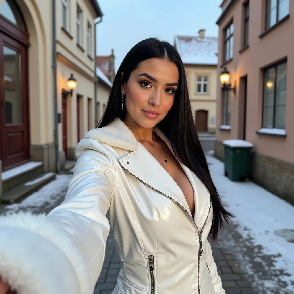 (masterpiece), (best quality:1.0), (ultra highres:1.0), closeup, 1 girl, detailed beautiful, face focus, tomboy, skinny, long hair, brazilian face, wallpaper 8k, (black colorful hair), beutiful woman, makeup, snowy mountains, terrace, coffee