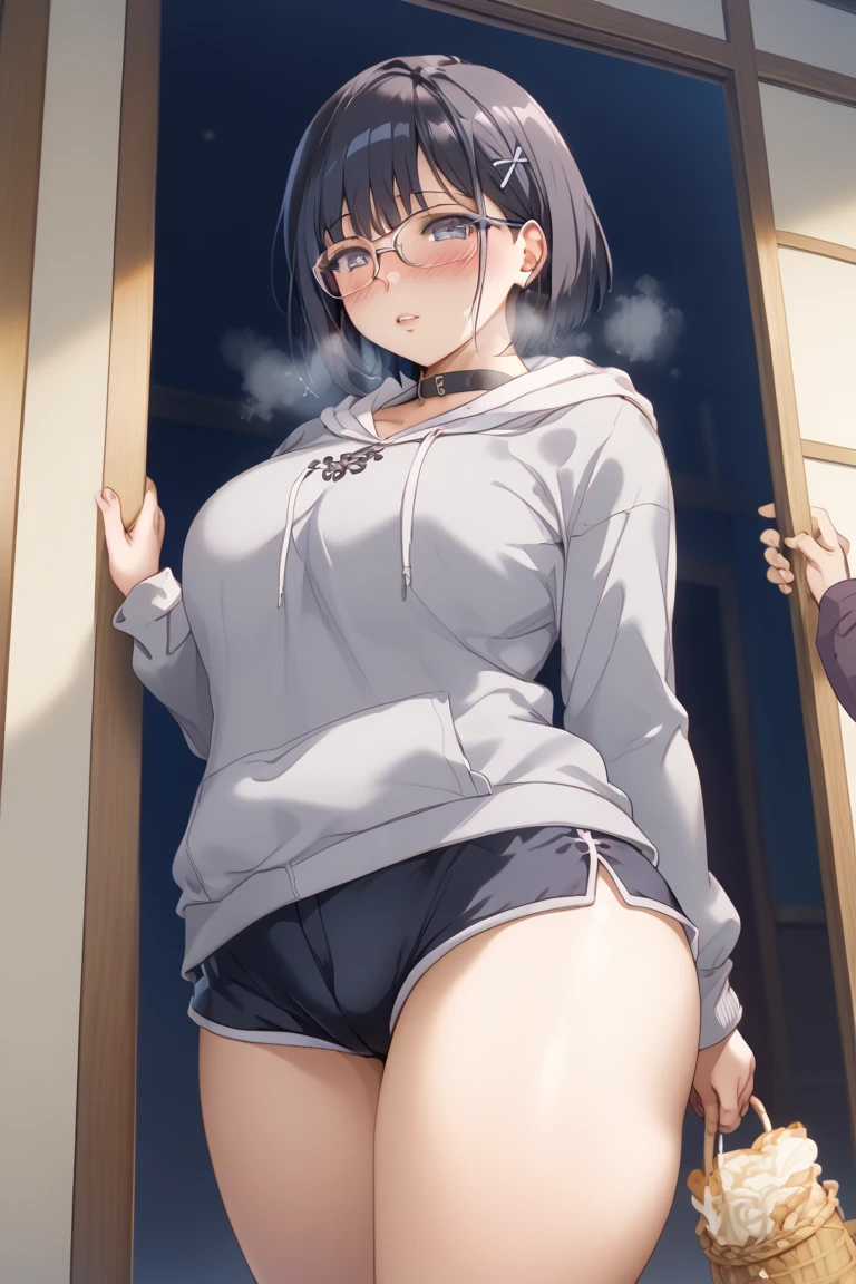 *Chubby anime girl with gray sweater, round glasses, And black tights rubbing her exposed belly as her tummy makes noises*