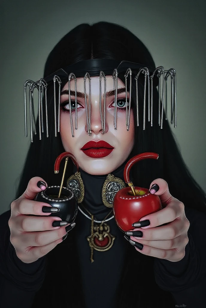 drawix11 beautiful vampire girl over a plate of soup, containers with red liquid around, pipes penetrating the plate, piercing gaze, red eyes, by Giger<lora:drawix11:1>