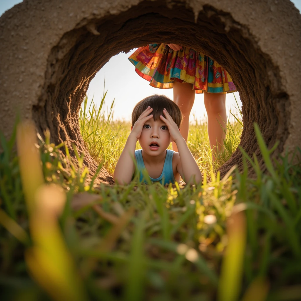 a boy in a hole looking up