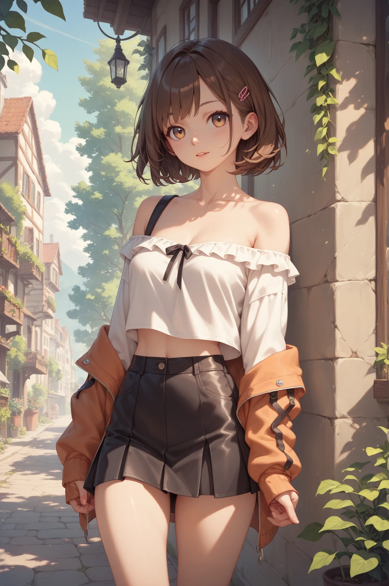 masterpiece, best quality, ultra detailed, sparkling eyes, The image depicts an anime-style illustration of a young woman. She has short, dark hair and is wearing a casual outfit consisting of a red off-the-shoulder top and light-colored high-waisted shorts with a checkered pattern. The woman is leaning against a wall, with a relaxed expression and one hand resting behind her head. The lighting in the image creates a soft and warm atmosphere, highlighting the character's features and giving the scene a gentle, inviting feel.