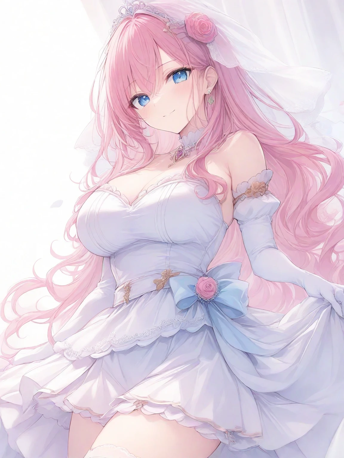 Masterpiece、Highest quality、Super detailed、1 girl、Light pink hair、Fluffy and soft long hair、Starry eyes、Big Tits、Cleavage、A dress that looks like a starry sky、garter belt、Twinkling Star々、crystal、ribbon、Lace cape、Lace veil、underwear、mysterious、Shining Star Castle