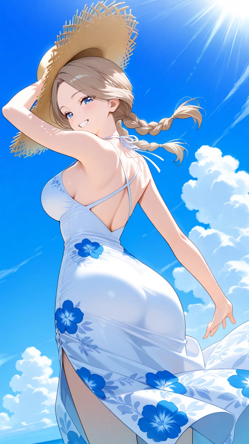 Violet, 1girll, Solo, view the viewer, Blue eyes, Blonde hair, (((Greek clothes))),,((((Bare back)))),(((looking at viewert))),(((Blue sky)))((((Large breasts))))