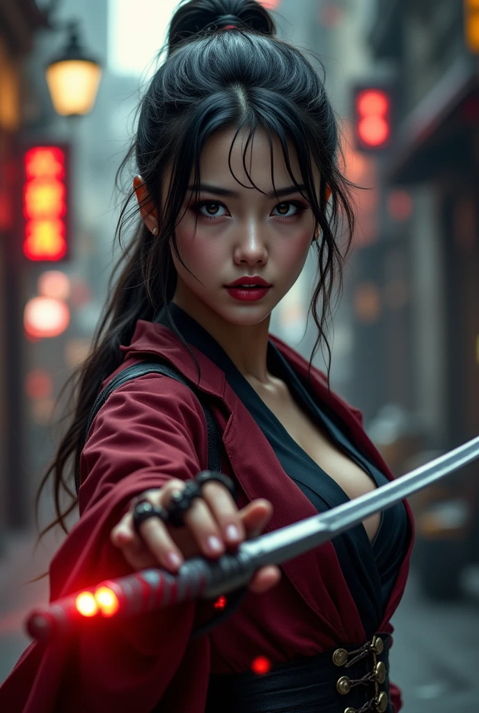 Maggie Q、Sticking out the navel、newyork、She wears a torn Spider-Man suit,wearing skirt、 Red and black color scheme,Dynamic、​masterpiece、top-quality、ultra-detailliert、ighly detailed、beautiful detailed brilliance、超A high resolution