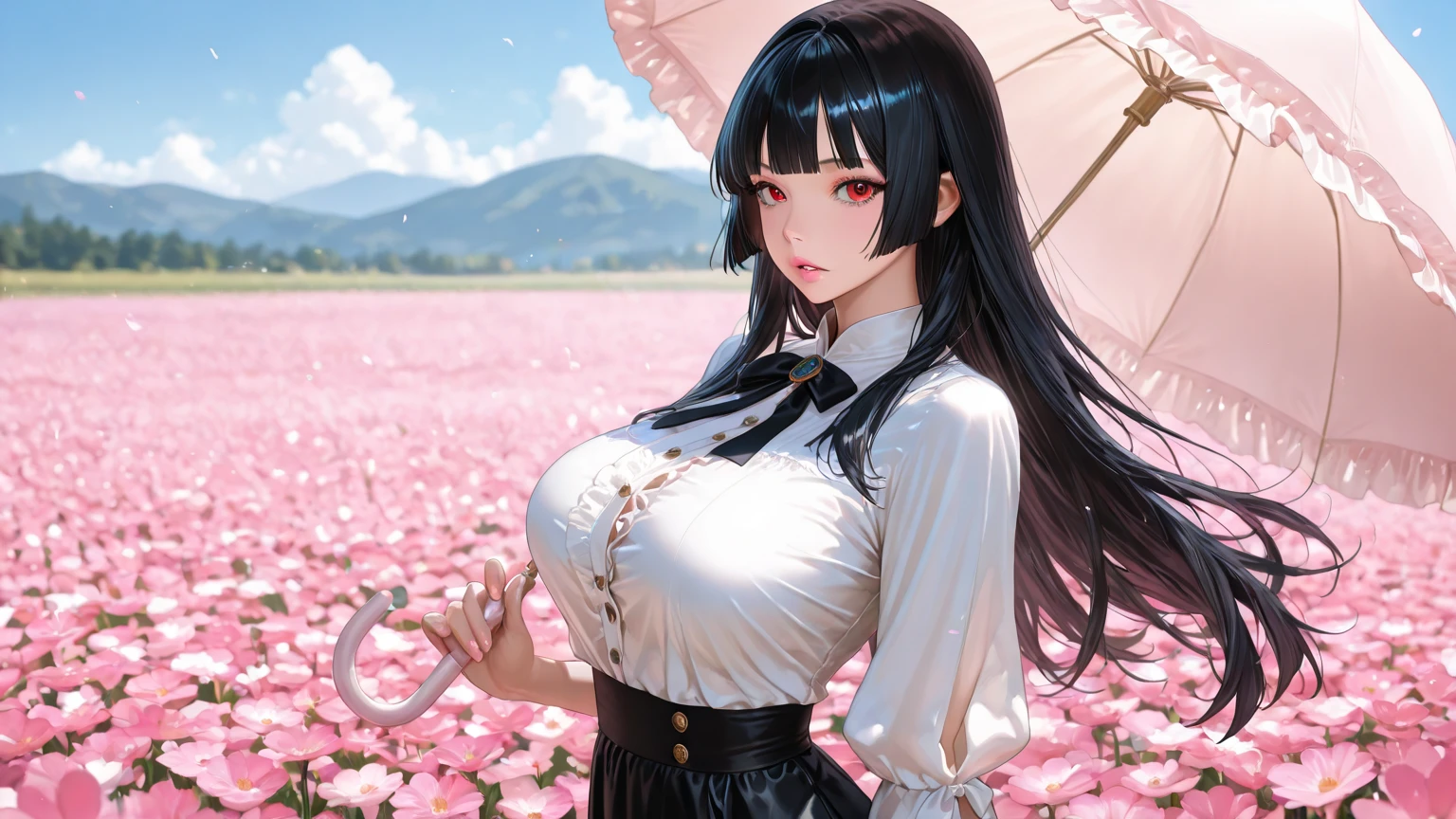 (absurd res, A high resolution, ultra - detailed, hyper HD, Cinematic), Alone, 1个Giant Breast Girl, mature, Happy,hime cut,black long hair,red eyes, (huge breasts:1.6),girl standing in light blues flower field, light blues flower petal surrounding girl, full bodyesbian, Blue long-haired girl, light blues hair, fanciful, dream-like, Snowy Land, offcial art, trending art, contours, ultra - detailed face, ultra - detailed eyes, light blues flower field, ultra - detailed field, The white blue sky, Cold, light blues, The white,  Nebula in the sky, 紫rose,blue tree, aquarelle, pastel colour