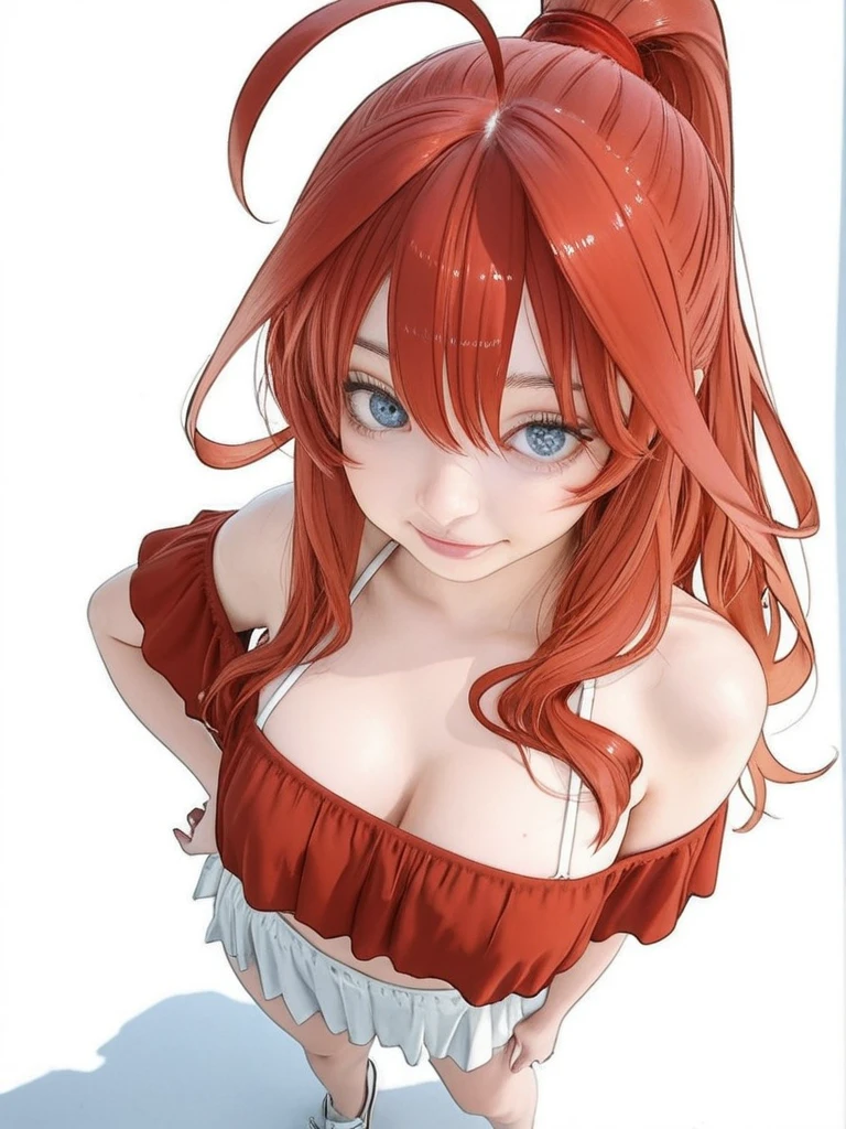  1 woman, (((((UHD))))), (((((masterpiece))))), ((((super detail)))), high details, ((((high quality)))), ((((best quality)))), (((highres))), ((((16k)))), ((Shadows)), ((bright red hair)), hair over shoulder, side swept bangs, (casual clothing), ((black tank top)), ((white skirt)), heart-shaped pupils, one eye closed, sparkling eyes, ((big beautiful light blue eyes)), crystal earrings, grin, bright pupils, (evil smile), natural lips, light blush, cheek-to-cheek, sparkle, god rays, backlighting, reflection light, bloom, dutch angle, perspective, from above, from behind, beautiful ass,  ((fat ass)), ((defined jawline))