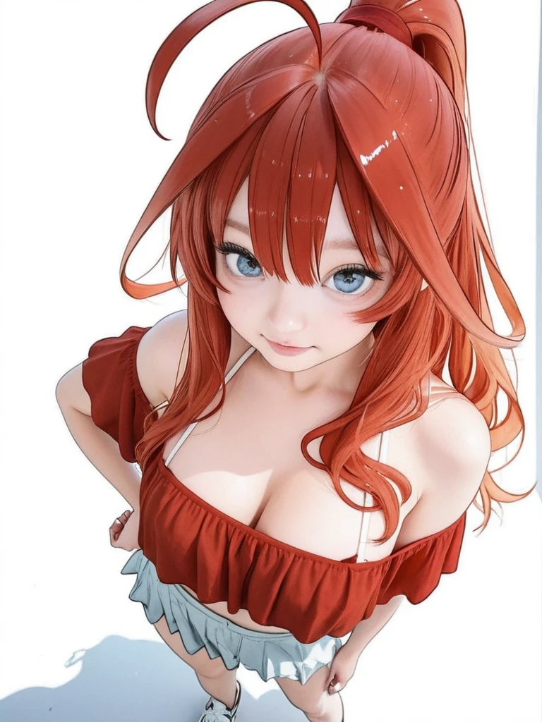 Asuka Langley Soryu, Evangelion, ((Asuka　Langley:1.5)), long hair, bangs, blue eyes, brown hair, ((red hair ornament)), mature woman, looking at the viewer, dutch angle, dynamic pose,joy,origin,(beautiful face),(realistic face, perfect eyes,1.1),analog style,RAW,real life photo,medium quality,normal aesthetic,break,1girl,(japanese girl:1.1),(round face:1.3),break,(intricate underwear),(masterpiece, highest quality, 16K), delicate, Detailed, Sharp, 1 girl, smile, At the bed, ((sexy bra)), ((sexy panties)), ((perfect fingers:1.5)), human anatomy,