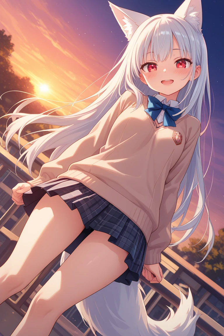 (8K, Highest Quality, Masterpiece:1.3)), Ultra High Resolution, (1 Girl, 1 Person), (Color Changing Eyes, Super Detailed, Expressive Shine, Sparkling, Glowing Eyes), Highly Detailed Eyes, Highly Detailed Face, Random Hair, (Silver Gray Color), "A Woman in an Exposed Sailor Suit." The background is the rooftop of a school, with the sky spreading out and fences and benches. After school, the light of the setting sun softly illuminates the woman's figure. The woman is lying on her back with her silver hair spread out. She is wearing a white and navy sailor suit with a large opening at the chest. The sailor suit's chest is exposed and emphasized, and a cute pale pink bra is visible underneath. The bra has a frill and ribbon design. The skirt of the sailor suit is slightly lifted, and the skirt above the knees is fluttering in the wind. Her panties are exposed. Her expression is a relaxed smile with a slight blush. The warm light of the setting sun softly illuminates her skin, adding a mysterious glow to her overall expression.