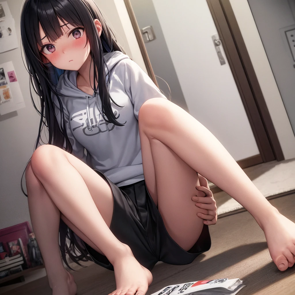 One female、sister、Black Hair、Dark Eyes、Long Hair、Messy room、Bookshelf、White oversized shirt、Pure white shirt、Simple shirt、Thighs、barefoot、