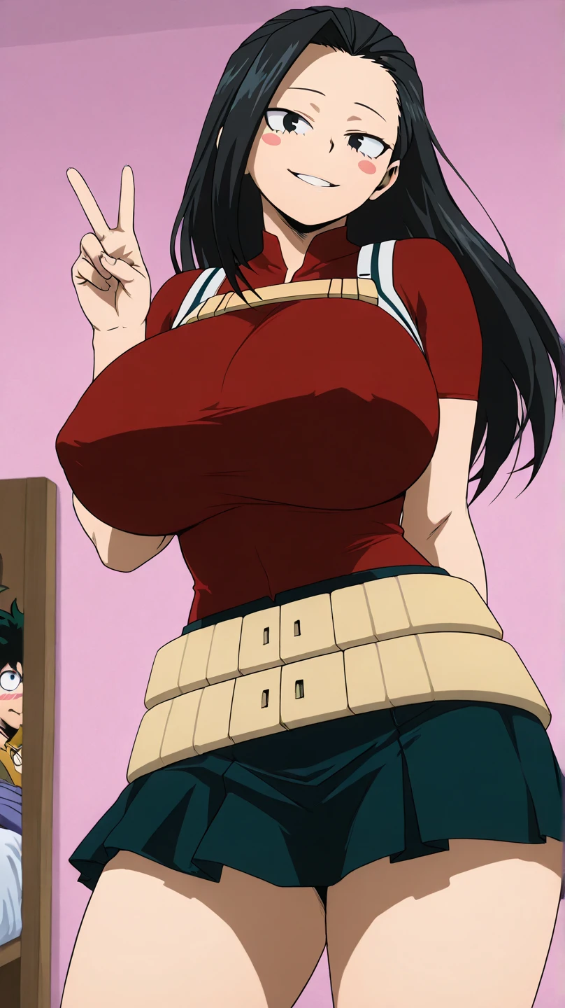 An emo girl shy nervous afraid dumb quiet sexy cute beautiful beautiful big breast long wavy black hair her pink eye she wears a red corset under a black vest shows her navel and a metallic black pants yellow boot long yellow metal gloves