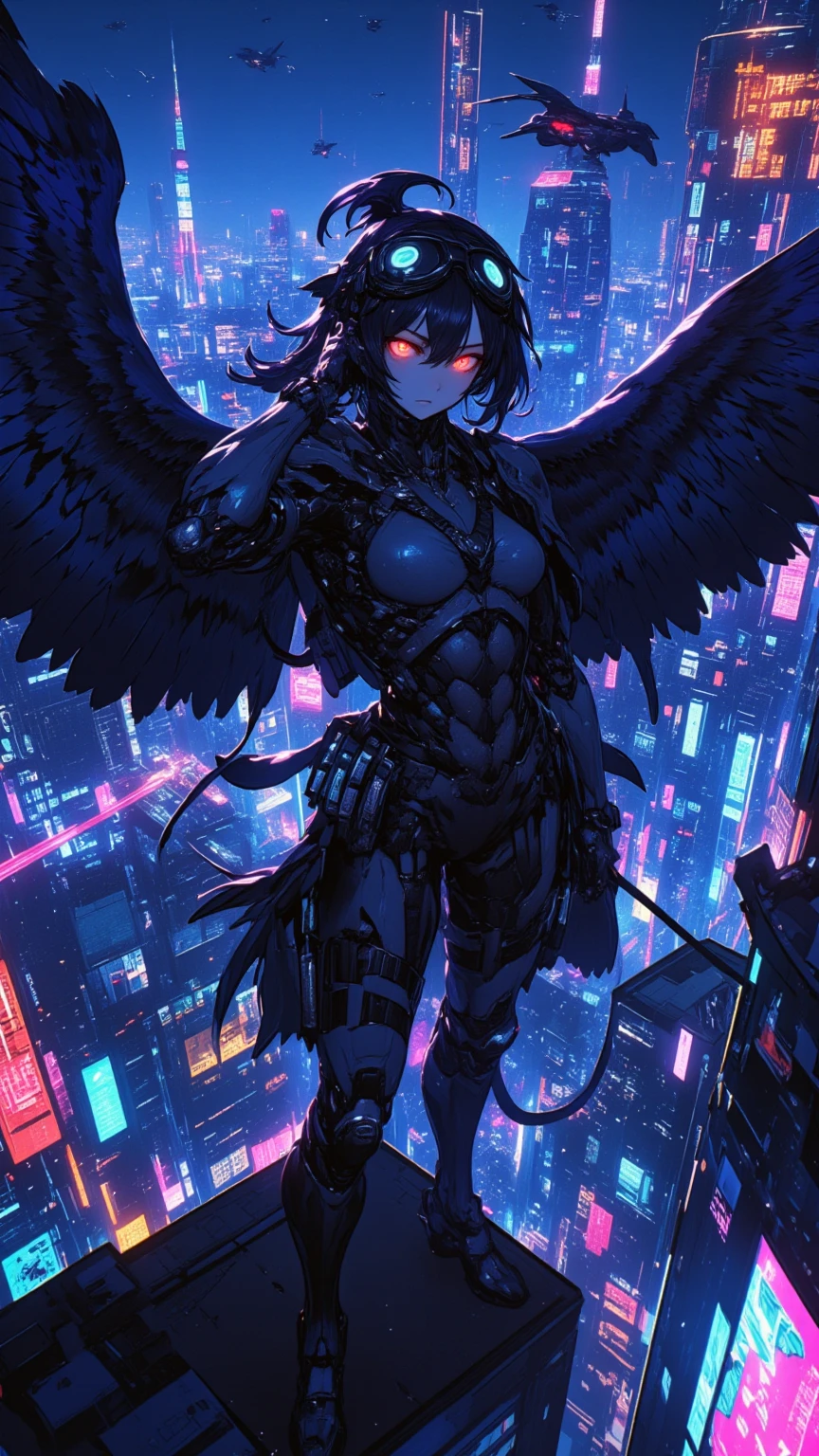 8k, CRU photo, highest quallity, work of art, very long shot, aerial view, cinematic lighting,| beautiful eagle with exposed mechanical parts,metal penalties, and artificial eyes, She wears full cyberpunk armor. Dynamic photo poses to show off her agility as she moves through the futuristic landscape, breaking the skies