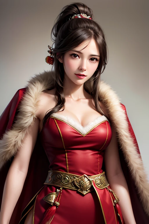 (masterpiece, top quality, highest quality, official art, beautiful and aesthetic: 1.2), ultra-detailed complex 3D rendering of face, various poses, ((Huge breasts: 2.4)), (Exposure: 3.1), pink micro bikini, , Perfect figure: 1.4, Slim abs: 1.1, (1 girl), fur-lined red cape, abs, jeweled detailed crown: 2.2), cleavage, brown hair, with white skin, strong and detailed weapons, with a beautiful and luxurious shield