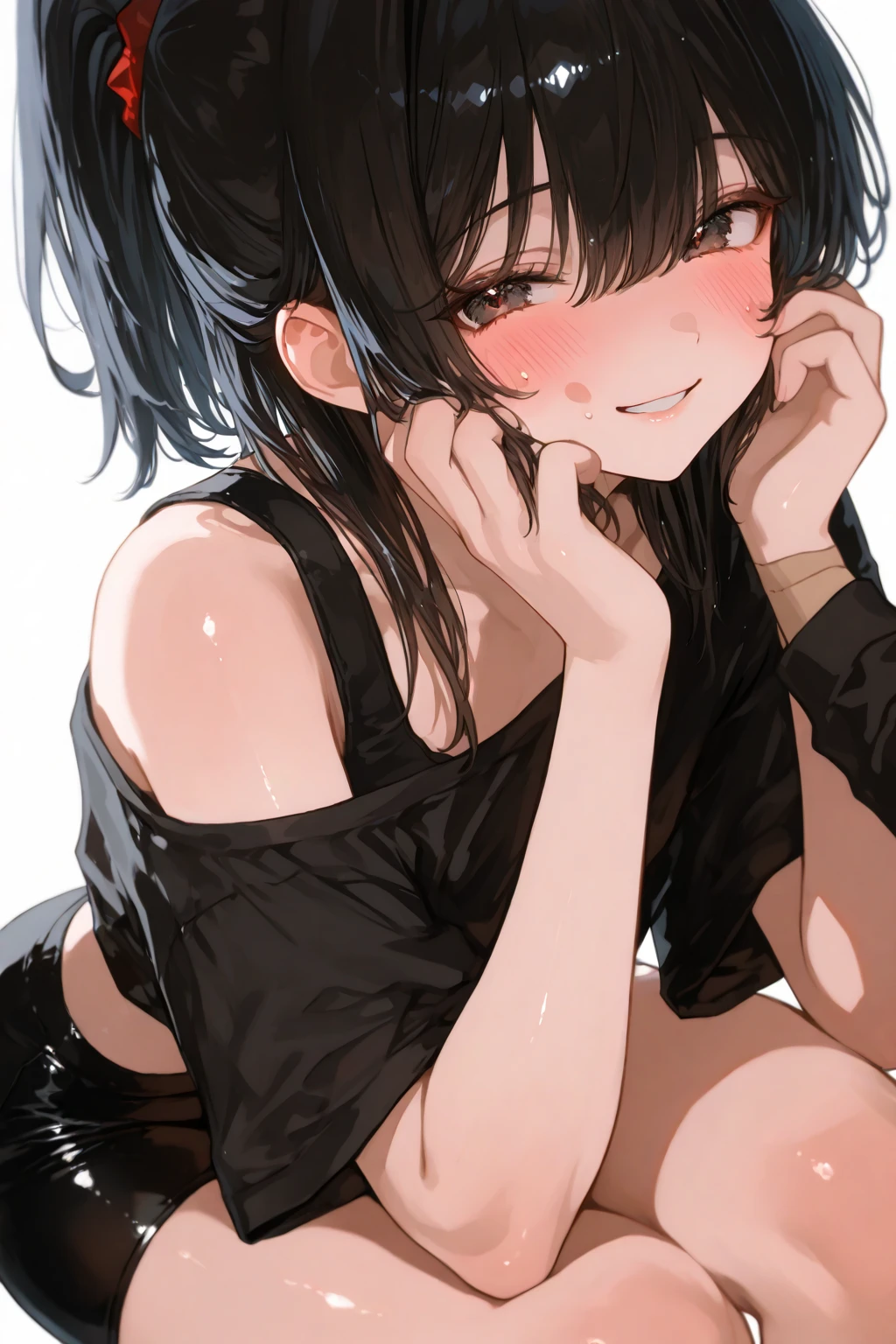 (8K、Highest image quality、highest quality、masterpiece)、detailed face、((two loli))、black hair、double bun、gray eyes、evil smile、((grin))、small breasts、((black camisole))、((denim pencil skirt))、((miniskirt))、arms behind back、cowboy shot、sit on the sofa、((open leg))、((white panties))、((dark background:1.5))