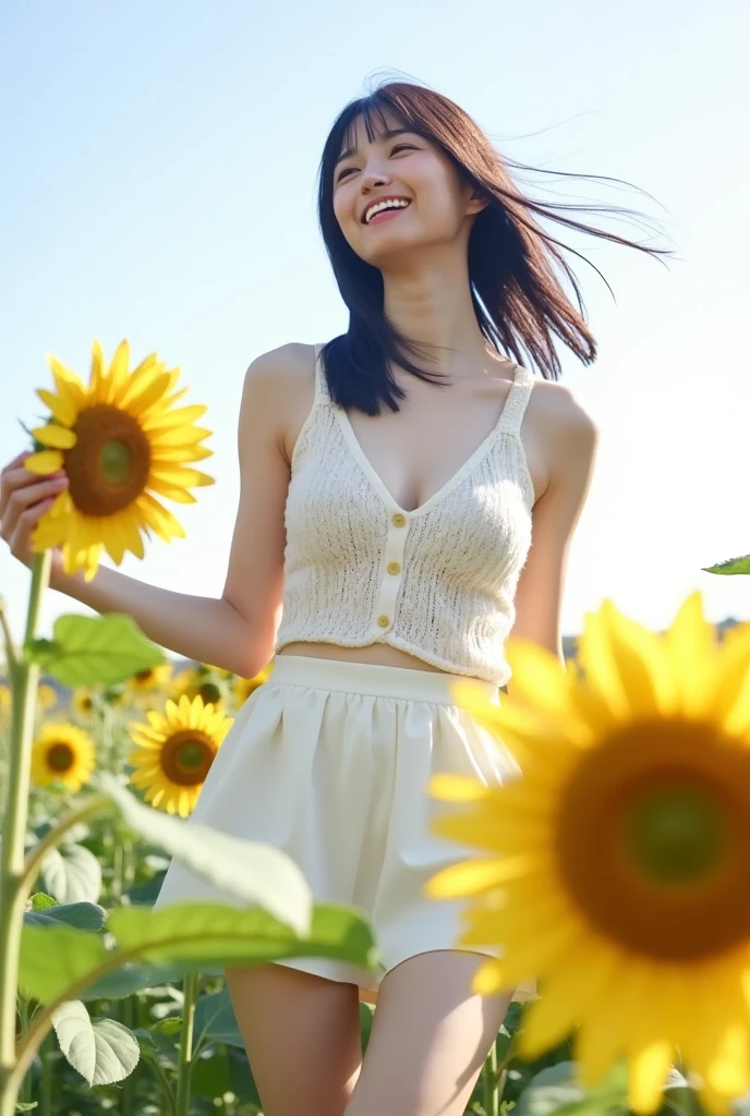 8K、Elementary school beautiful girl、A sparkling smile、Arms raised to show armpits、A darK-haired、detailed beautiful faces、very short pants, Sunflower field、Very strong wind、Decolletage、Sit on the buttocks