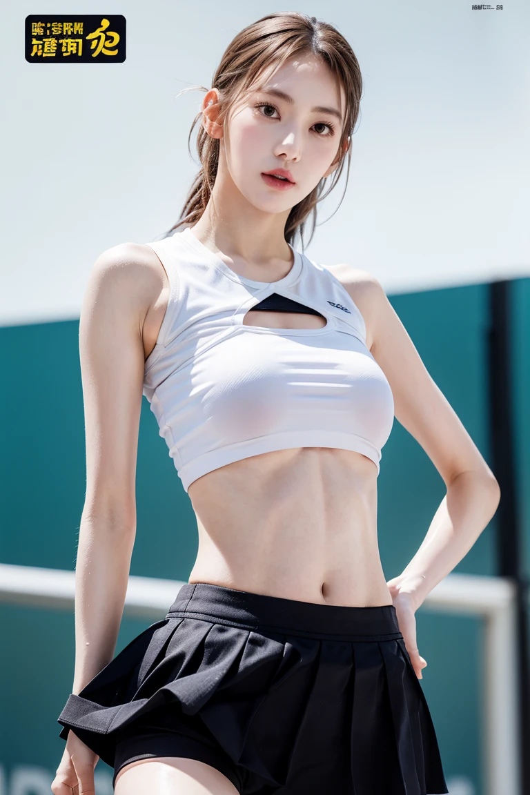 beautiful detail, best quality, 8k, highly detailed face and skin texture, high resolution, long hair big tits japanese girl with abs in sport bra and bloomers at running track, looking at viewer, sharp focus
