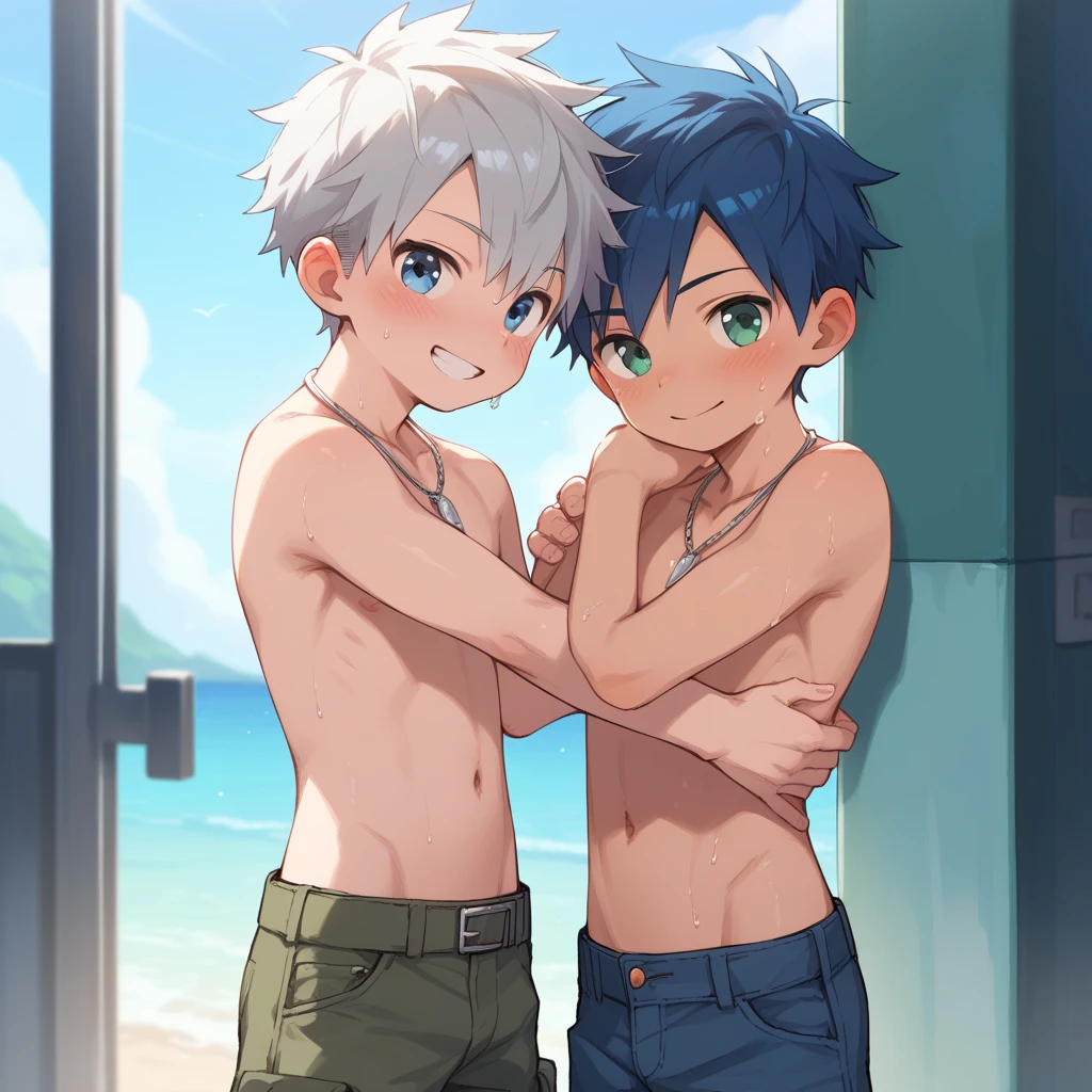 2boys,13 only、(Man's :2) ,twins,Handsome boy,Long silver hair、a blond、Collar,tattooed、Upper body naked、starrysky 、sand beach、Back lighting、hightquality、masutepiece,8K,