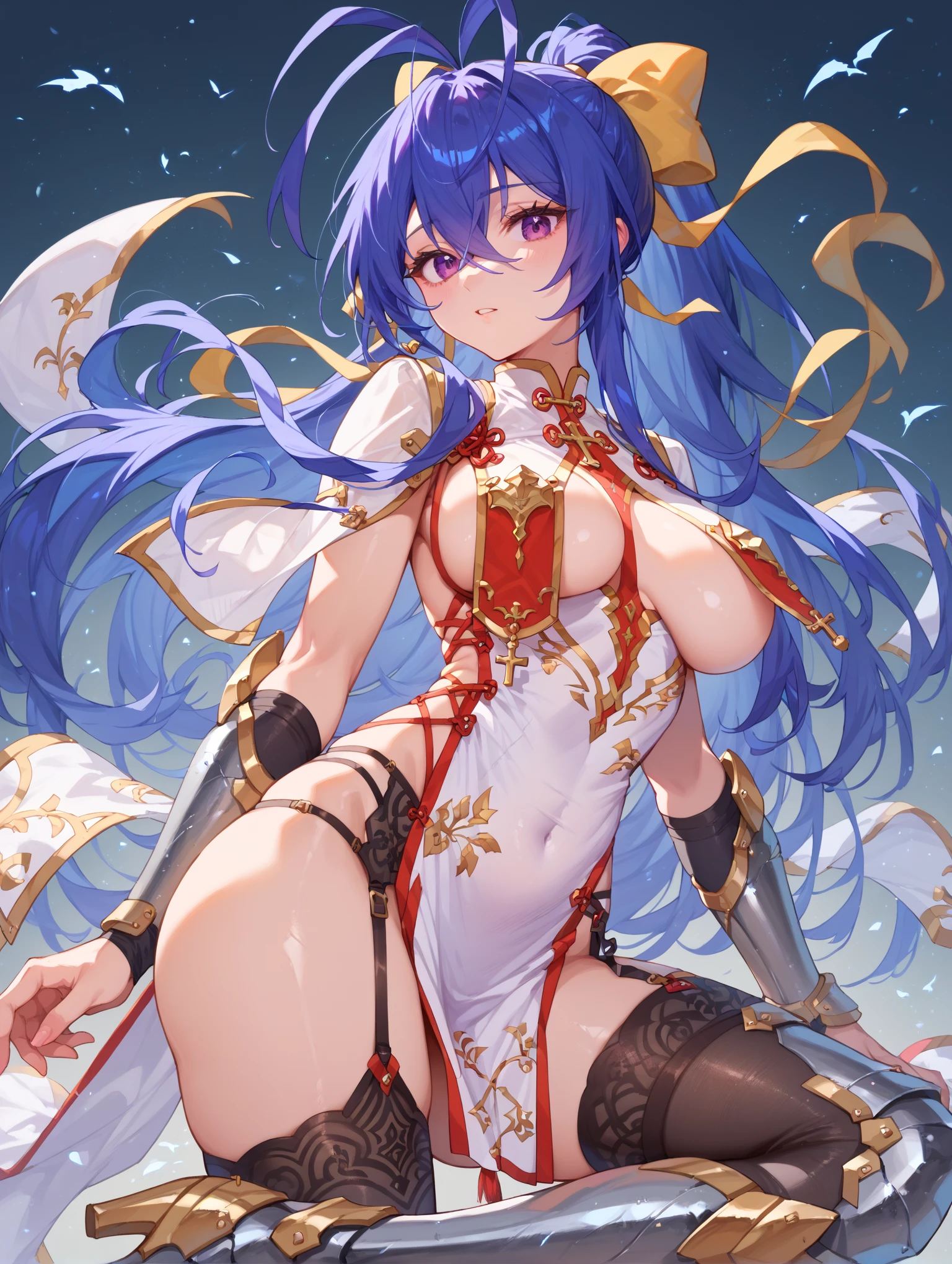 <lora:new_fiona_v15:0.8>, fiona\(tof\), 1girl, anime eyes, best quality, masterwork, ultra detailed face, ultra detailed eyes, glowing eyes with frost energy, (anime eyes), (large breast:0.6), adult body, artstation, concept art, sharp focus, concept art, good contrast, good lighintg, glowing clothes, black eyes shadow, (eyes looks in the middle, delicate smiling), sexy body,lying in bed, full body perspective, lingerie postion, legs open, lingerie pants, she holds out his hand to the front of the camera to encourage us to lie down in bed, knight fully plate armmor stockings with golden ornaments, blur, skirt lift, alluring eyes