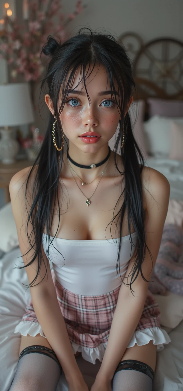 Masterpiece, Best Quality, gothic girl, clavicle, looking at the viewer stunning blue eyes, white skin eyeliner, perfect detailed 12k, hair with bangs , Beautiful face,Open mouth, to bite, teeth fangs vampire, lipstick negro, voluminous and sensual lips, big and heavy bust