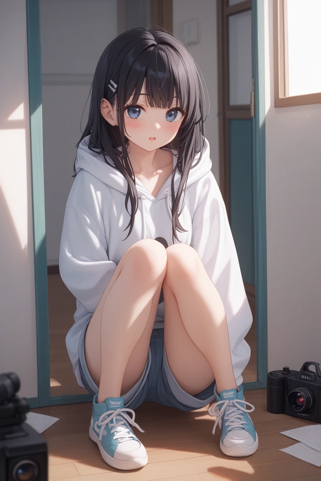 ((top-quality))、((​masterpiece))、1girl in、Formal-up、beautiful detailed eyes and face、pretty skin、a very cute、22year old、School swim wear(darkblue、Simple design、Matte texture、Wrinkle、Polyester material、Nero、shadings、)Wet body、Anime Face、Beautie、Facing the front、big eye(Beautiful fece、Anime Face、Clear eyes、Fine details、Beautiful eyes)Well-formed face(Beautiful nasal muscles、Perplexed、sharp mouth)full of sweat、sodden、Wet feeling、Background with(sunny sky、takeout)、8K picture quality、perfectly proportions、A slender、red blush、female focus on,  hair adornments,length hair, Look at viewers,