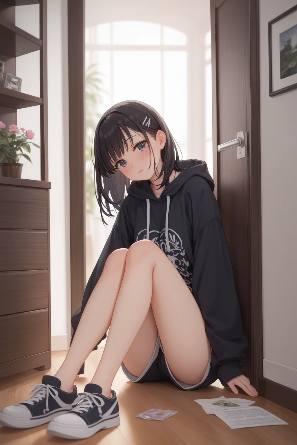 pretty young girl, have a cat ear on her ear, all body, purple silky hair, wear a hoodie and a half pant, wear a shoes with socks, in a hotel room, >, >,  black eyes and lens shining like a diamond, 16k quality, no glitches on image, deep shadow quality, best quality, no override, colorful, masterpiece, advanced shadow and background quality and details 