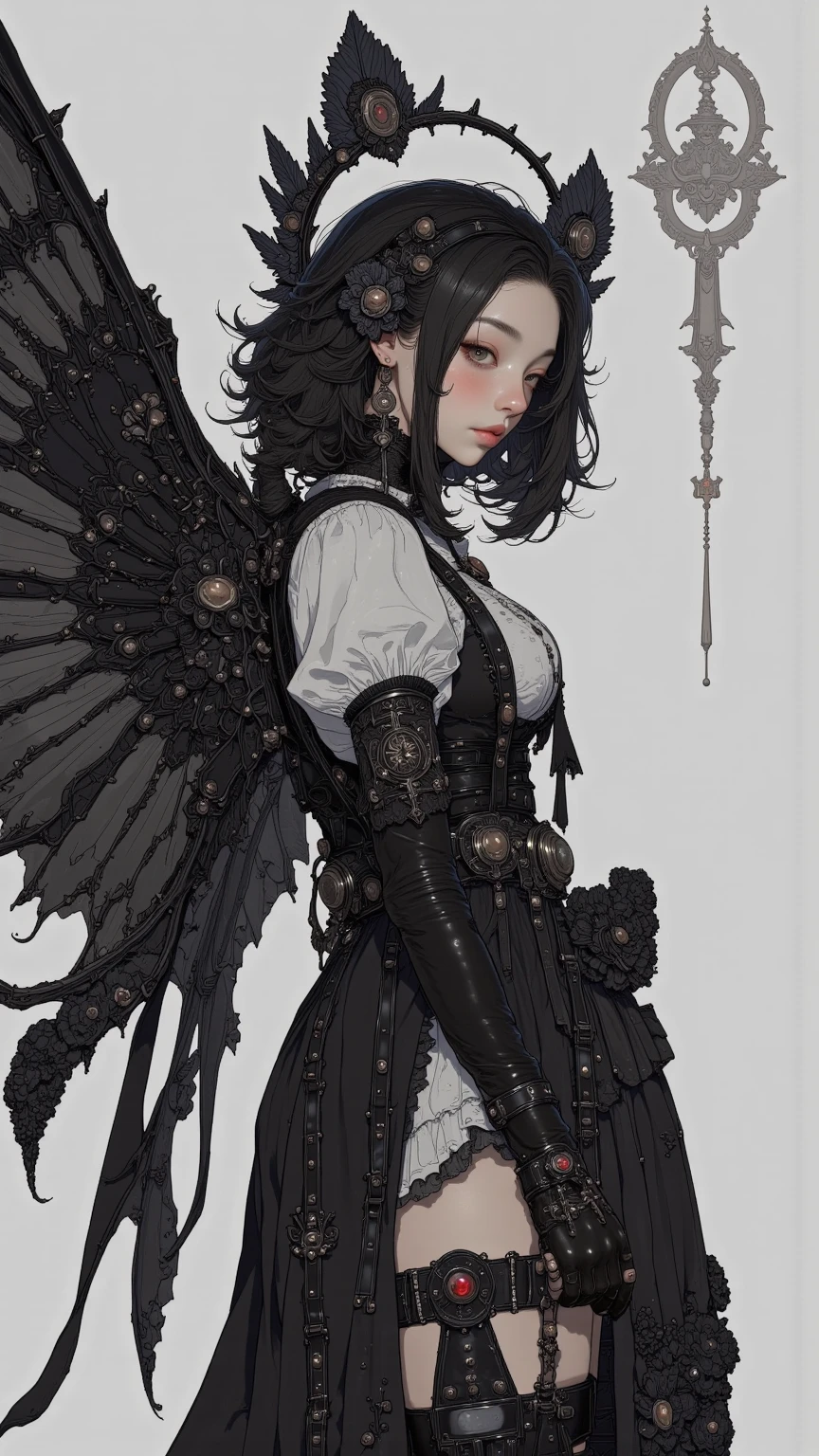 (((masterpiece, of the highest quality, super detailed))), hand drawn style, hand painted style, watercolour, sketch, a knight, white background, plain background, Bloodborne inspired, tatty Bloodborne attire, occult aesthetic, occult, tatty red and white clothing detailed and intricate steampunk and detailed gothic lolita (with a hood), diadems, long coat, very thin long legs, Complex laced boots, Fluttering lace flared long knee length dress with frilly petticoats, long dress, knee length dress, petticoats gothic lolita, beautiful small breasts, (((( Highly detailed face))), small thin nose, Small thin lips mouth, (((Very sharp focused eyes))), Very large slit precision pale grey eyes that shine like jewels. very long eyelashes, Silver hair swaying in the wind, Emitting a dazzling light in a mandala pattern, white background, Very dramatic and cinematic lighting, tatty damaged old red and white clothing, full body, whole body, body, cosmic horror, grim dark