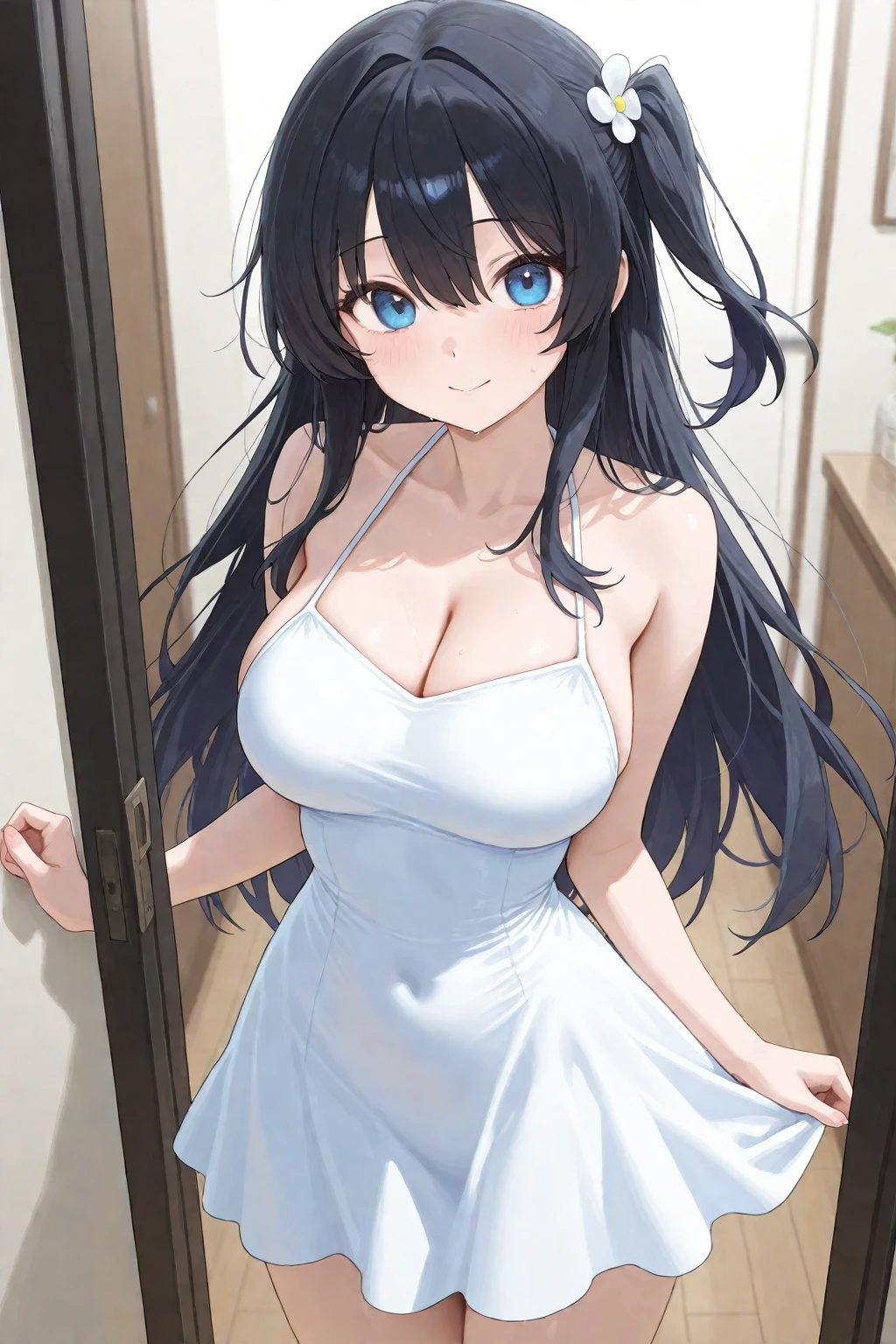 1girll,Breasts, cleavage, dress, mitts, Wedding_dress, Lace-trimmed skirt,short skirt,Flowers in hand, long whitr hair, Large breasts, elbow_mitts, jewelry, White_dress, White_mitts, light yarn, choker necklace, outside,grassy fields,flower sea, the bride_light yarn, Bare shoulders, blue colored eyes, Blush, Hair_decorations, ssmile, Wedding_ring, White_flower, Black color hair, 鎖骨, White_choker necklace, No shoulder strap, No shoulder strap_dress, Curtains, bangs, Hair_ribbon, Hair_flower, One_Side_Up, hand_Up, ribbon, Hair_between_Eyes, frilld, V-shaped_Eyebrows,The whole body,White lace stockings,ssmile,having fun
