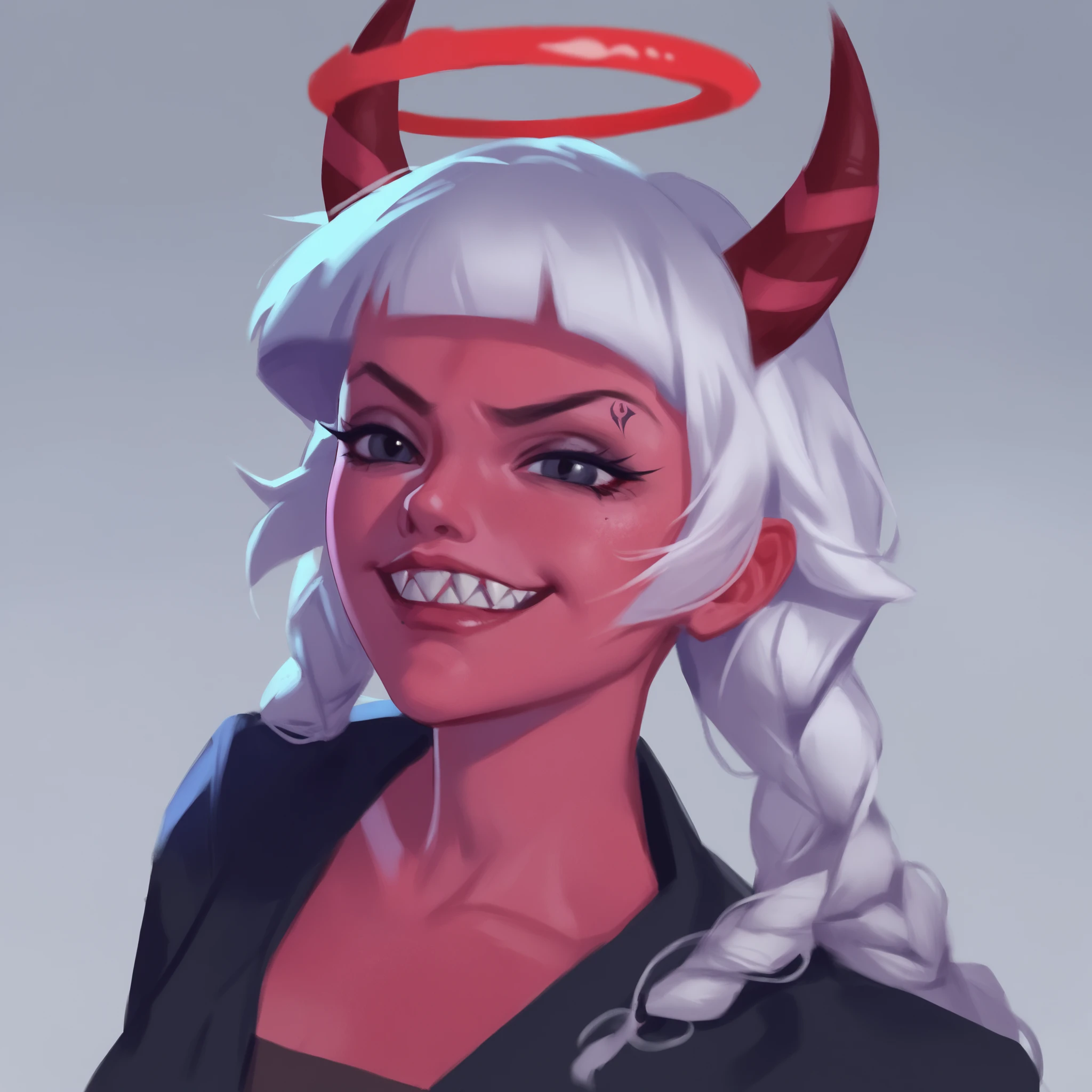 A smug and commanding presence, she stands at 5'6", exuding an aura of power and mischief. Her white hair cascades like silk, contrasting sharply against her deep red skin. A set of long, dark red horns curve upward, framing her wickedly sharp shark-like teeth, always poised in a knowing grin.
She is draped in Abyssal Vestments, a luxurious yet ominous ensemble of fluffy, purple demonic fabric that shimmers with an otherworldly glow. Her large, bat-like wings, the same deep crimson as her horns, unfurl with effortless grace, casting eerie shadows in her wake. Floating above her head is a red halo, its glow flickering like a dying ember—more a symbol of dominance than divinity.
Her pure black eyes, void of light, hold an unsettling depth, a gaze that sees through deception and fear alike. Every step she takes is deliberate, every movement laced with playful malice