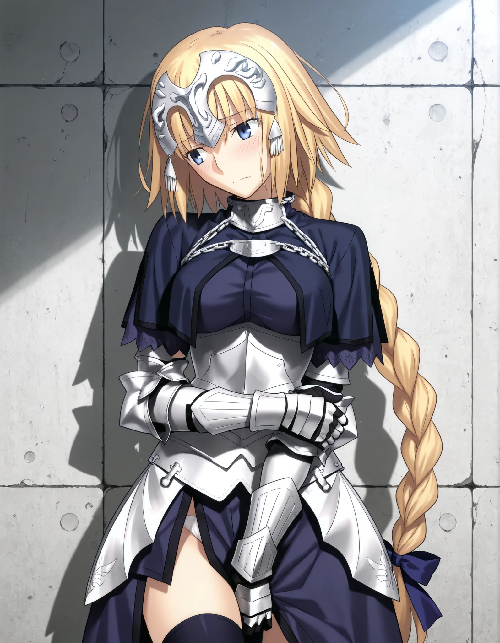 masterpiece, , absurdres, highres, detailed background, high resolution, masterpiece, necessary, detail, best quality, quality, necessary, details, High details, Precise, , , outdoors, , (cowboy shot), ((light gray concrete wall)), (cinematic light), , solo,
1girl, , Takeuchi Takashi (type-moon,tsukihime) style, takeuchi takashi style, (hold own arm, ), head back,(head tilt),seriously, arm between legs,
girl, slim arms, jeanne d arc, \(fgo\), blue eyes, half-closed eyes, jeanne d arc, blonde hair, medium hair, , single braid, ((very big braid, huge braid)), , armor, armored boots, armored dress, black gloves, black thighhighs, braid, dress, gauntlets, gloves, headpiece, blue dress, single braid, medium breasts, white panties slip, looking away, light embarrassed,